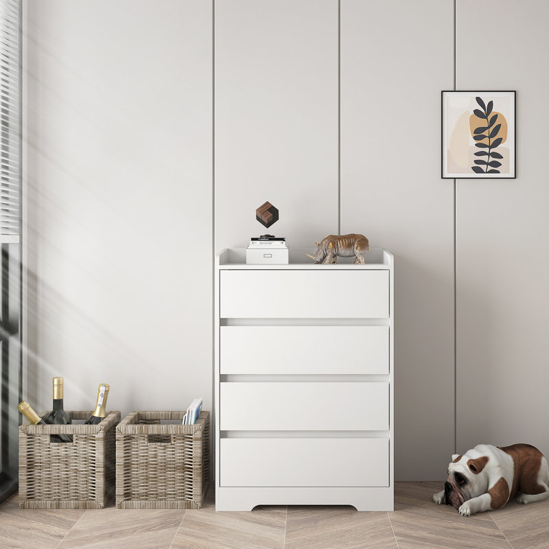Armoire moderne avec cadre robuste et commode à 4 tiroirs, Blanc