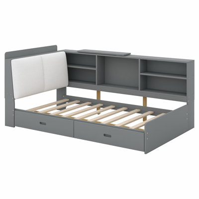 Daybed with Upholstered Storage Headboard, Bookcase and 2 Drawers, Wood Platform Bed with Storage Shelves and Rotatable Storage Board