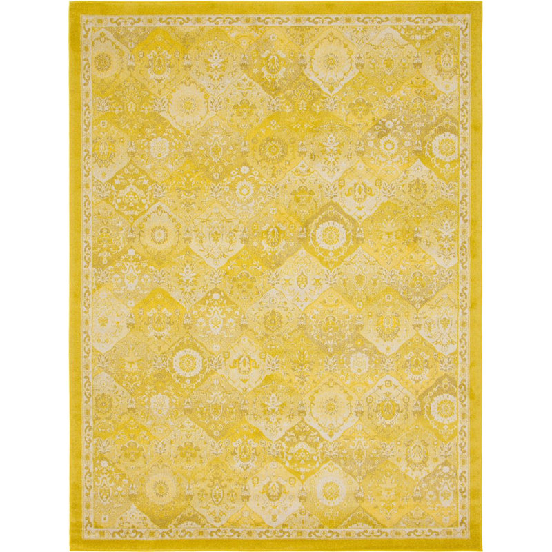 Tapis jaune à motif abstrait Kalf, Rectangle 9 pi x 12 pi