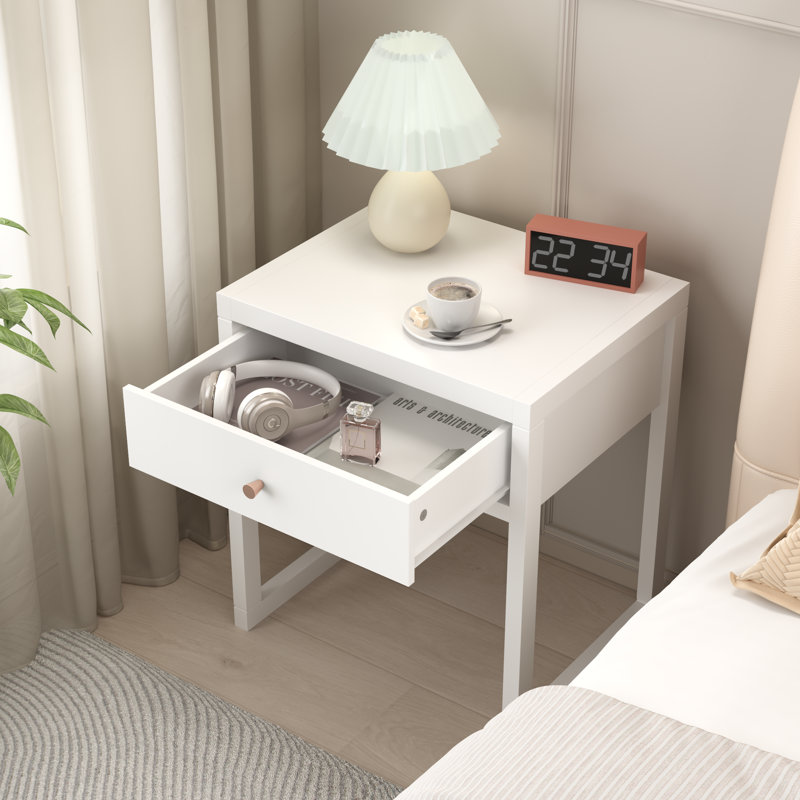 Table de chevet blanche moderne avec tiroir, table de chevet minimaliste avec poignée en bois, table de bout compacte pour chambre à coucher, appartement ou petits espaces, assemblage facile