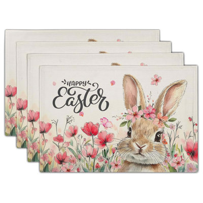 Easter Bunny Placemats Set of 4 Linen Heat Resistant Washable Durable Rectangle Table Mats Holiday Party Decor