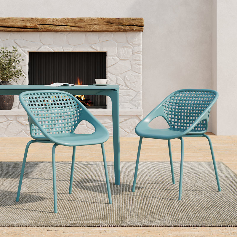 Modern Minimalist Plastic & Metal Outdoor Dining Chair with Lattice Back, Sky Blue