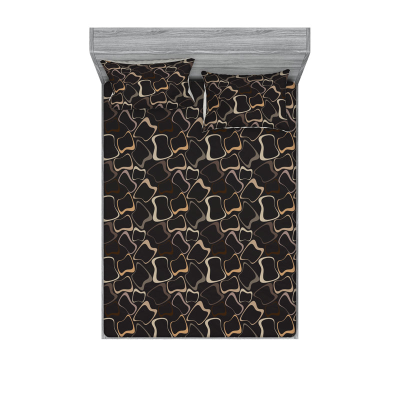 Ambesonne Fitted Sheet & Shams, King Sheet Set with 2 Pillowcases, Charcoal Gray/Cocoa/Tan Abstract
