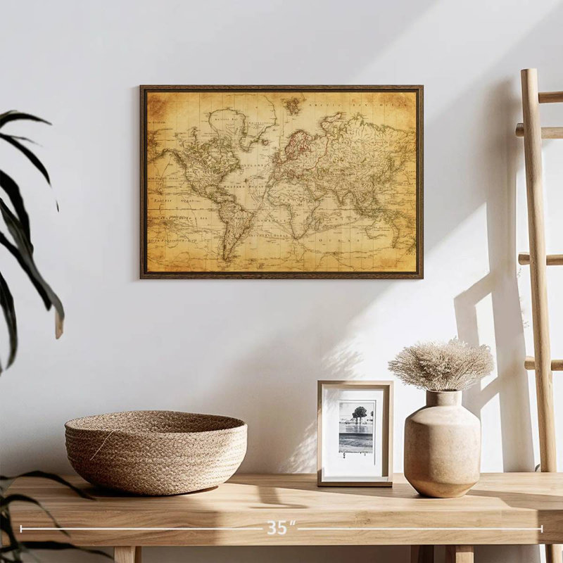 Carte du monde de l'Ancien siècle, 19 po x 13 po, Cadre flottant en noyer