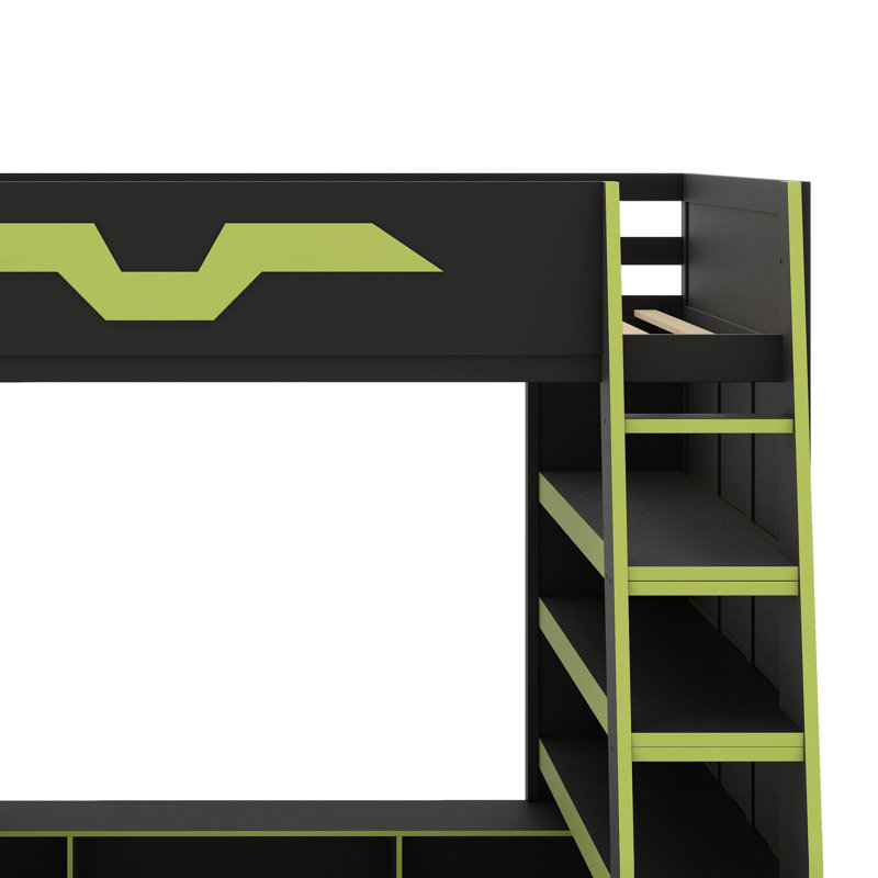 Lit mezzanine en bois pleine grandeur, livré avec un bureau, plusieurs tablettes de rangement, une lumière RVB réglable et une table