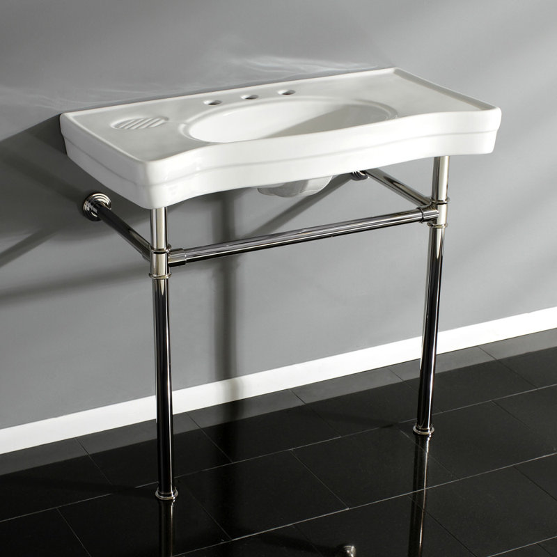 Kingston Brass Imperial 36-Inch Ceramic Console Sink with Stainless Steel Legs (8-Inch, 3-Hole), White/Polished Nickel
