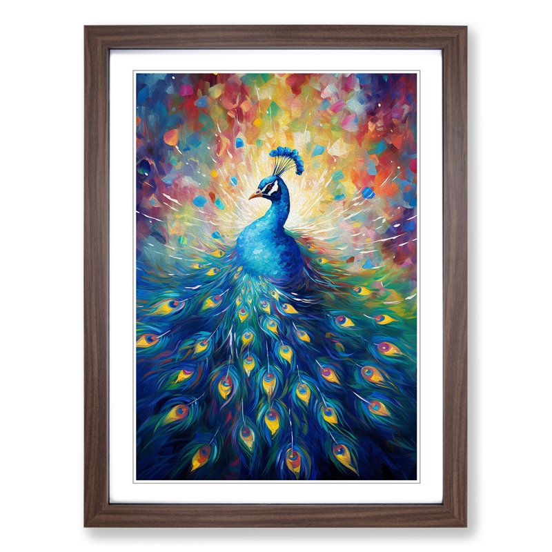 Peacock Impressionism - Single Picture Frame Print on Wood, Walnut Framed, 46cm H x 34cm W