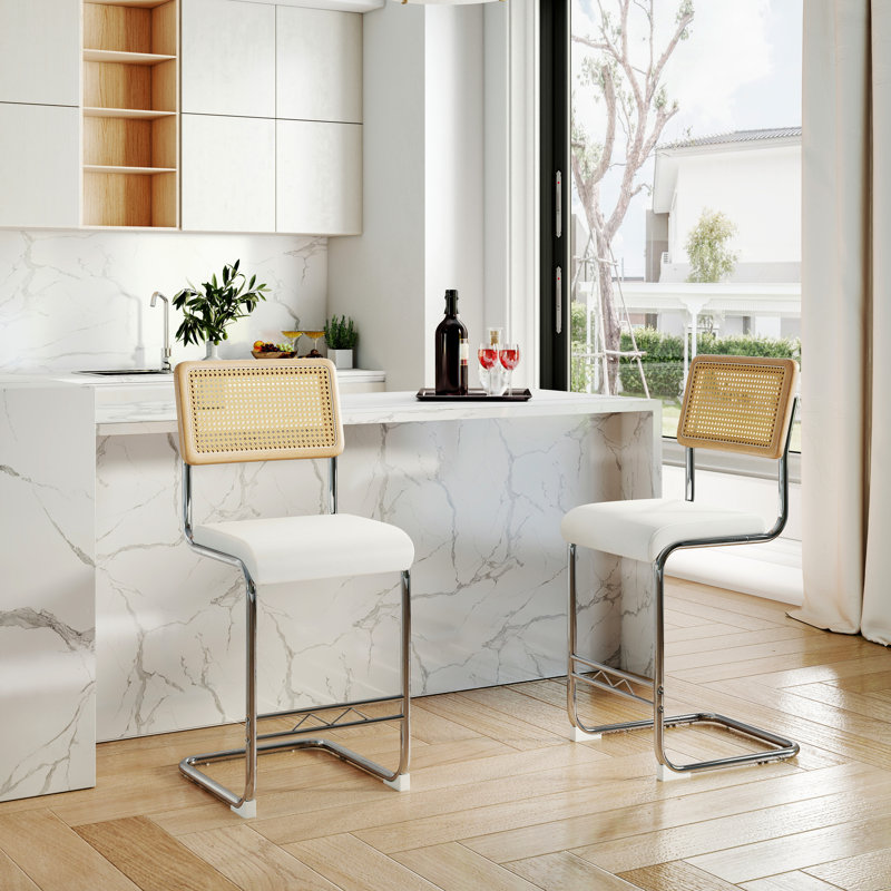 Ensemble de tabourets de bar en rotin naturel avec dossier en bois massif, siège en similicuir et pieds chromés, moderne médiéval pour bar, salle à manger