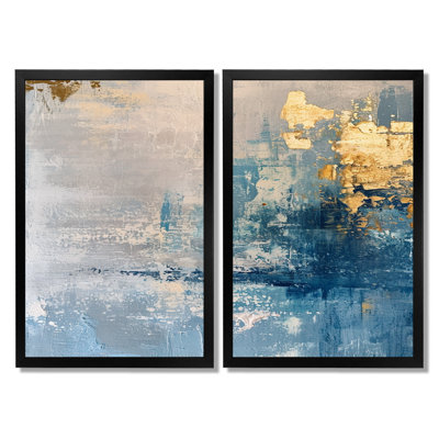 Tender Gold on Grunge Blue - Art mural abstrait, impression sur toile abstraite bleue 2 panneaux