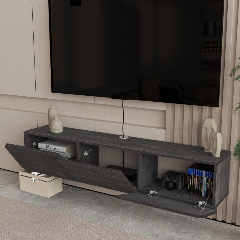 Callysta Floating TV Stand Up to 78" TV's Wall Mounted Media Console, Distressed Black