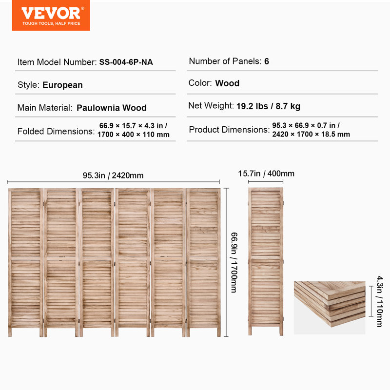 Wood Room Divider, 6 Panel Wood Folding Privacy Screen, 66.9 Inches Tall Indoor Louvered Partition Divider, Wood