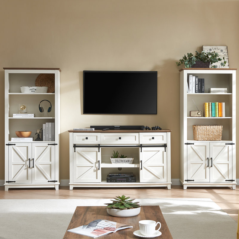 Chimira 3- Piece TV Stand Bookcases Living Room Table Set, Brown/White, Brown/White