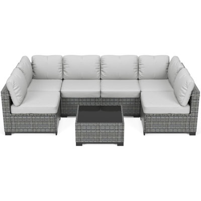 7 Pieces Outdoor Patio Furniture Set, Wicker Sectional Sofa Set Modular Conversation Couch Set with Cushions & Coffee Table