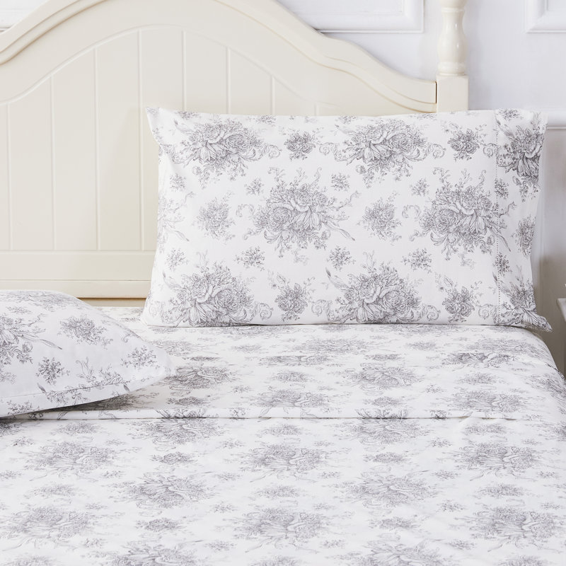 Petit Toile Printed Cotton Percale Sheet Set, Full Sheet Set with 2 Standard Pillowcases, Gray