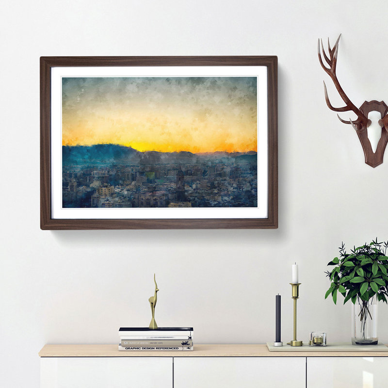 Sunset over Malaga in Spain - Picture Frame Painting Print, 45cm H x 63cm W x 2cm D, Walnut Framed