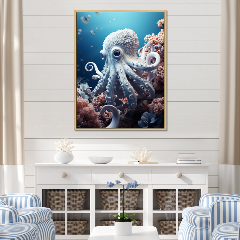 Impression sur toile monochrome, pieuvre bleue et blanche, Cadre naturel flottant, H 32 po x l 24 po x P 1 po