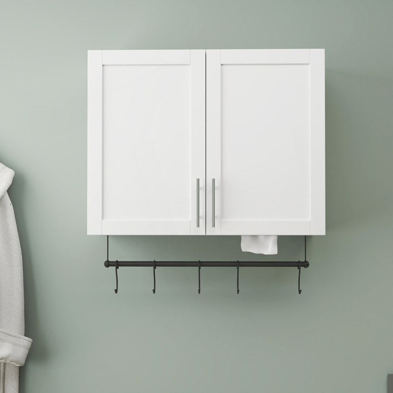 Armoire murale de salle de bain avec tablette réglable, barre à serviettes, 5 crochets