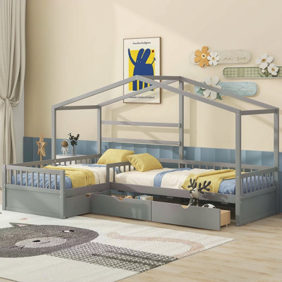 Twin Size House Platform Bed With Three Storage Drawers