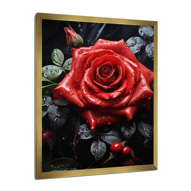 Volkart " Red Black Rose Eternal Beauty II ", Gold Picture Framed, 32" H x 24" W x 1" D