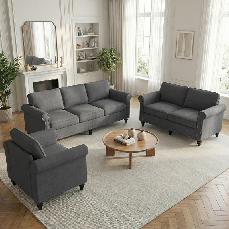 Ensemble de canapé en lin 3 pièces avec coussin épais et pieds en bois massif lin gris foncé, Gris foncé
