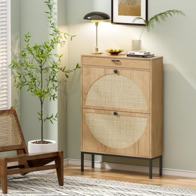 Rangement à chaussures avec 2 portes semi-circulaires en rotin naturel, grande armoire à chaussures en bois pour les espadrilles, chaussures en cuir, pantoufles (1 pièce, beige clair)