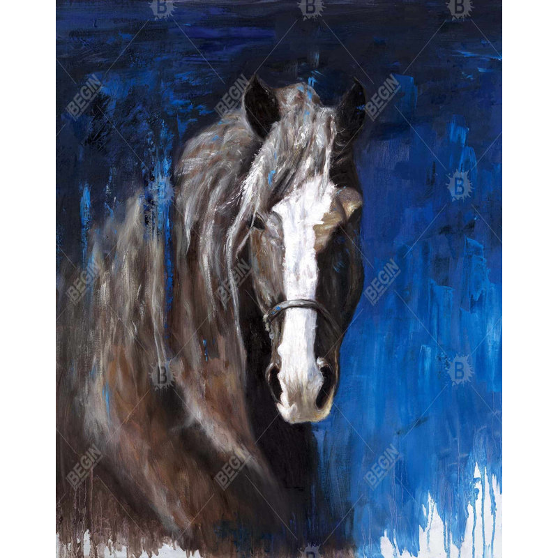 «Cheval brun sur fond bleu» sur toile, H 60 po x l 48 po