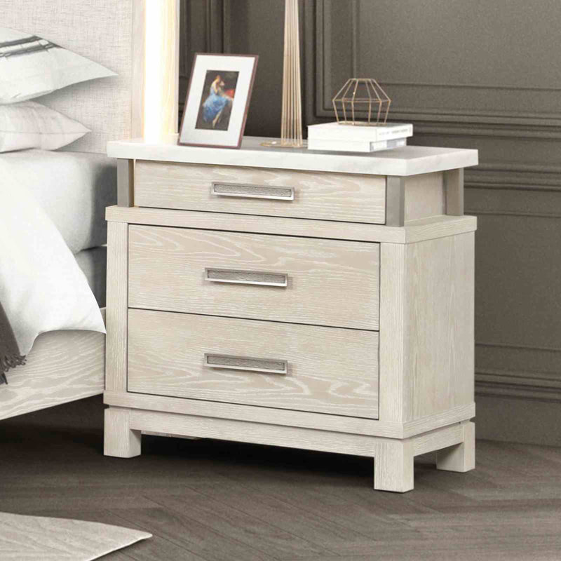 Table de chevet en marbre de style transitionnel avec poignées en métal