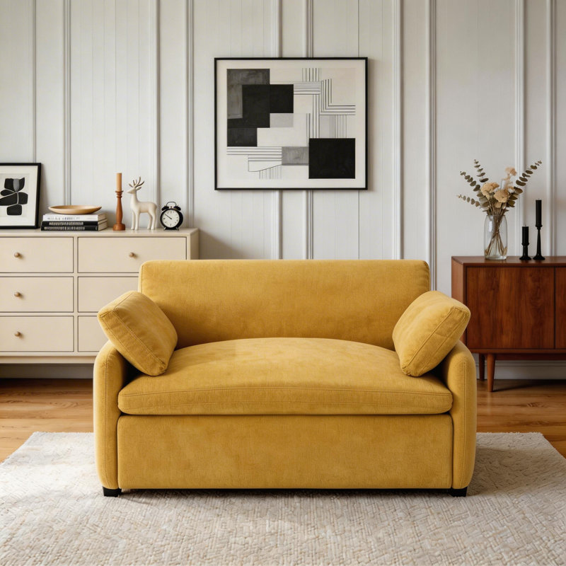 Fauteuil d'appoint surdimensionné en chenille à assise profonde avec coussins décoratifs, Jaune