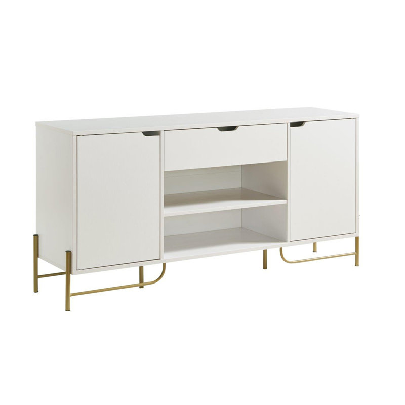 Buffet avec deux armoires, un tiroir et six tablettes sur pieds en métal - blanc et or