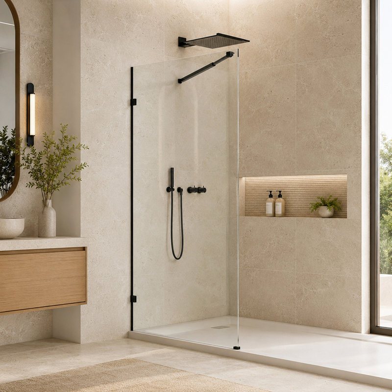 Panneau de verre de douche fixe sans cadre de l 36 po x H 76 po, verre trempé transparent de 3/8 po (10 mm) avec film de sécurité et revêtement nano, pince murale, noir mat