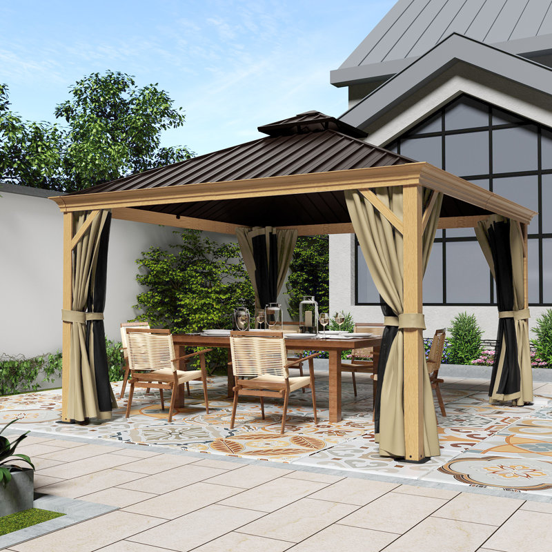 Aluminum Patio Gazebo, Natural Wood Grain, Dark Brown, 12' W x 12' D