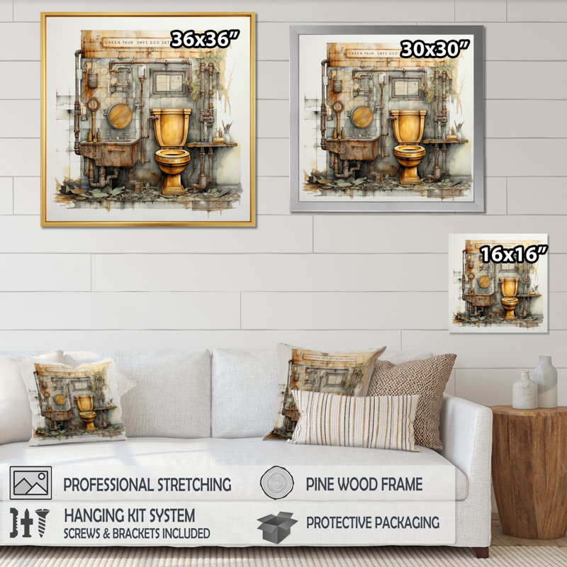 " Industrial Chic Mixed Toilet ", 16" H x 16" W x 1" D, Gold Floater Framed