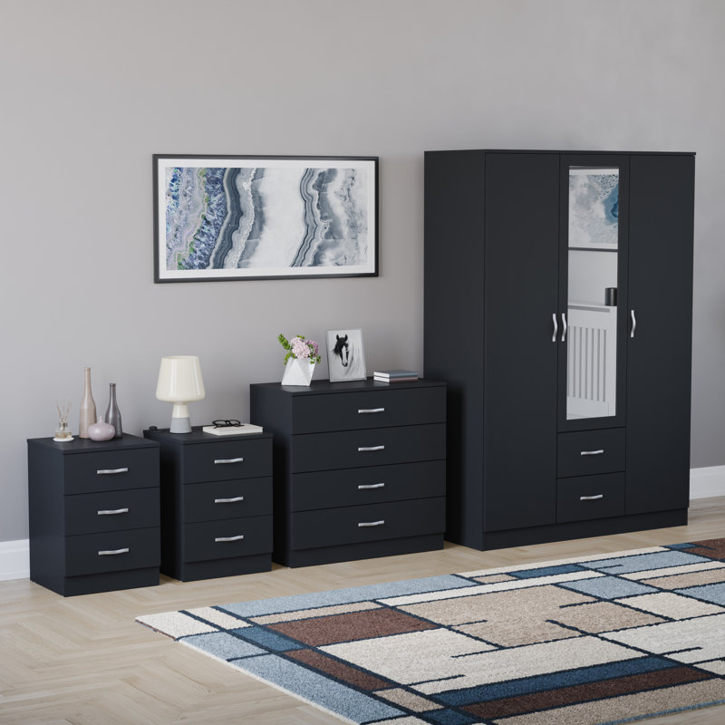 Tayce 4 Piece Bedroom Set (3 Drawer Bedside Chest X2, 4 Drawer Chest, 3 Door 2 Drawer Mirrored Wardrobe), Black