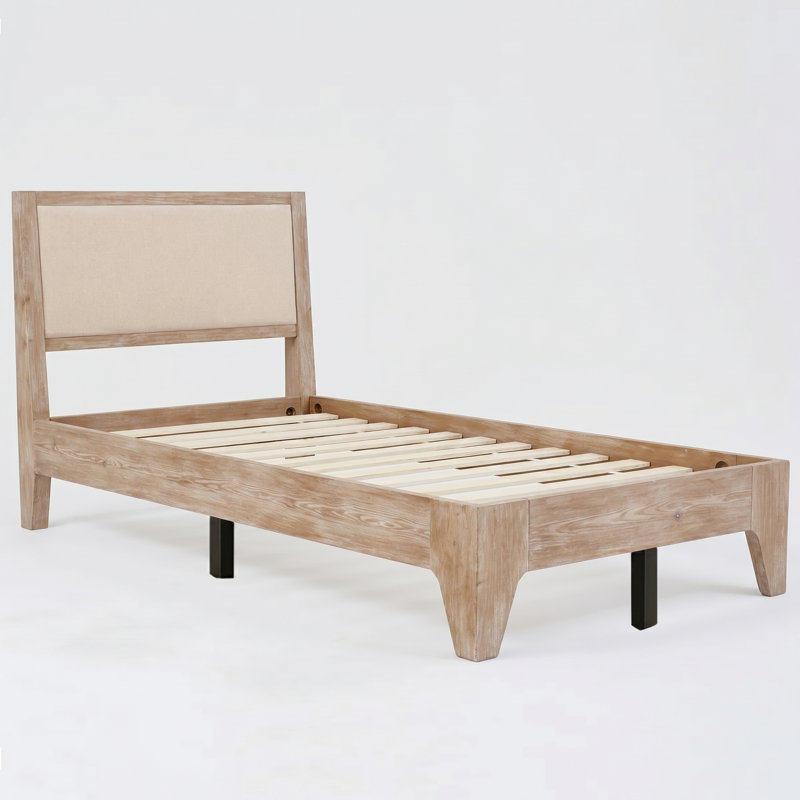 Modern Solid Pine Platform Twin Bed Frame, Twin, White Wash