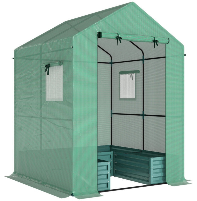 Small Greenhouse with Raised Garden Bed, Galvanised Walk-in Greenhouse with Roll Up Windows, 141 x 141 x 190 cm, Green