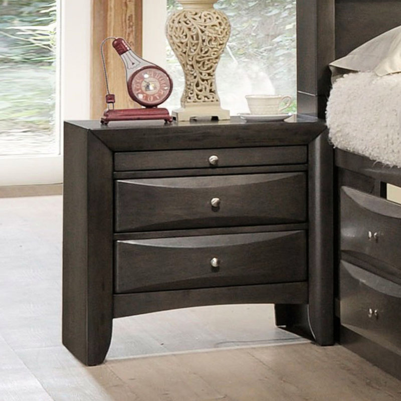 Table de chevet polyvalente en bois de chêne gris avec 2 tiroirs et 1 plateau coulissant pour la chambre à coucher