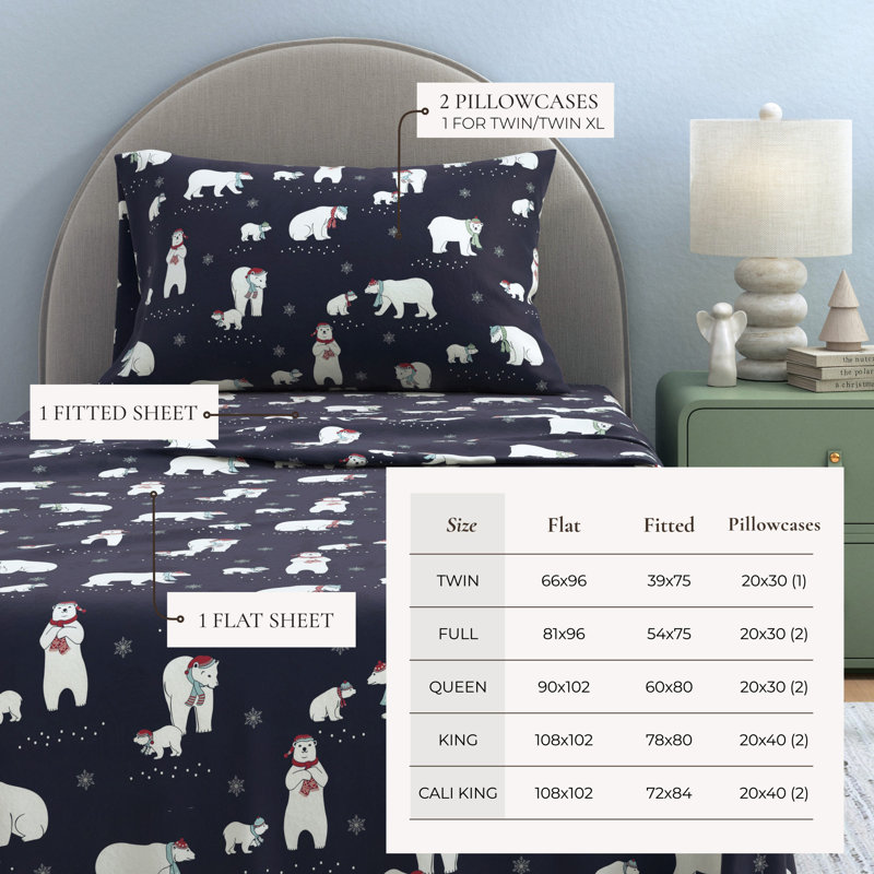 100% Turkish Cotton Flannel Christmas Sheet Sets, Navy Polar Bears, King with 2 Pillowcases