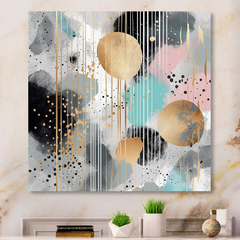 Rayures pastel grises et dorées Melody I - Décoration murale abstraite en métal, H 16 po x l 16 po