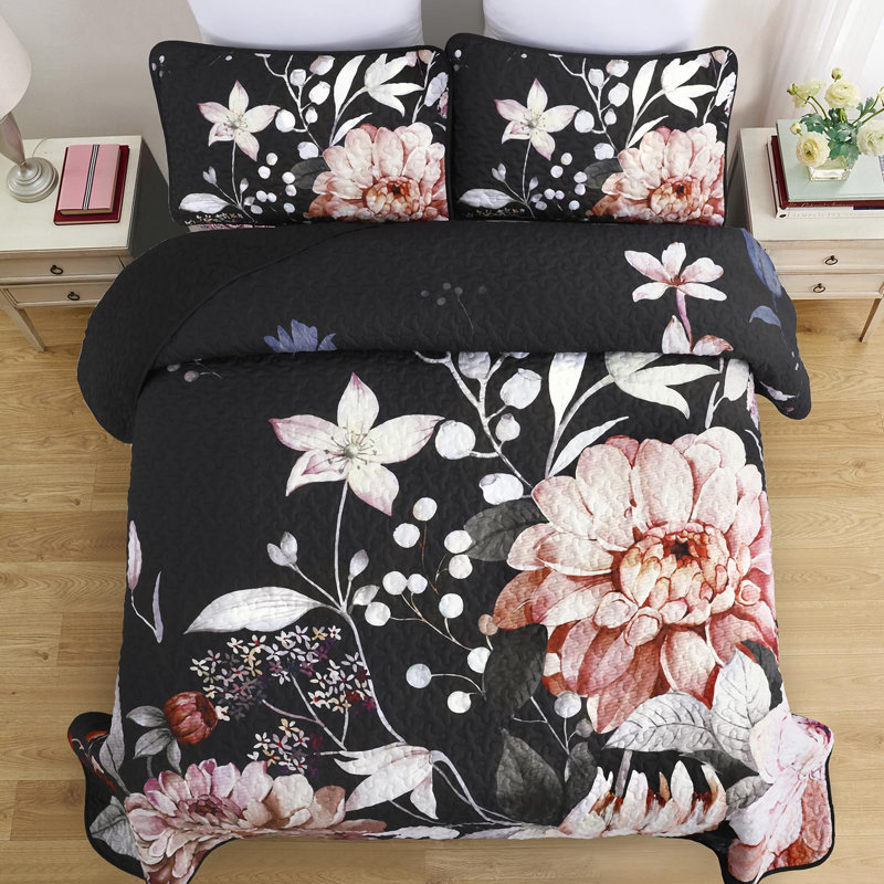Ensemble de literie à motif floral 3 pièces pour 3 saisons, Courtepointe pour lit grand + deux taies décorati, Noir