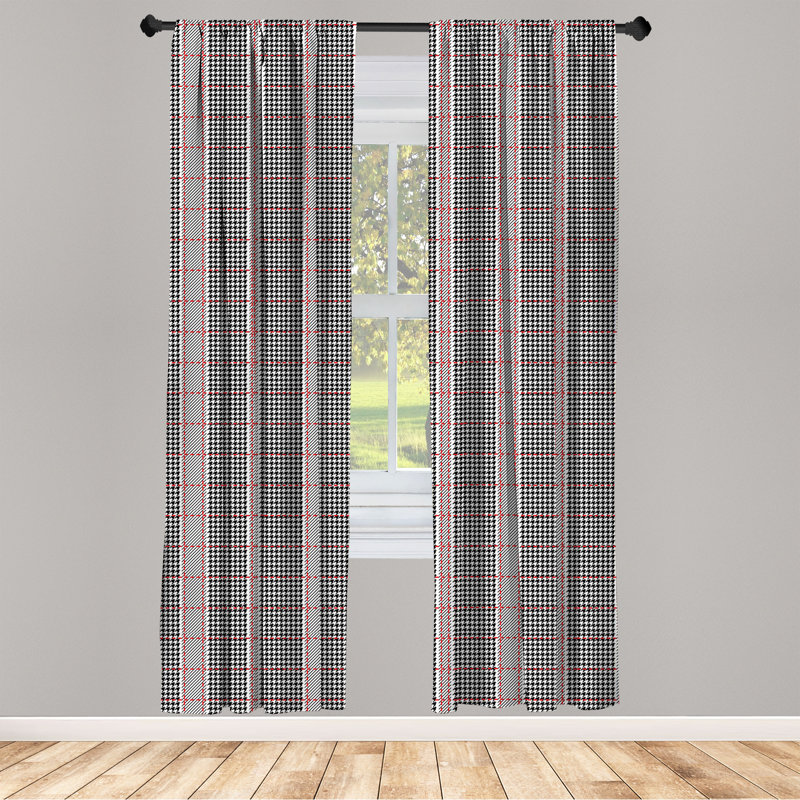 East Urban Home Houndstooth 4-Panel Curtains, Classic Fashion Motifs, Charcoal Grey and Vermilion, 56" W x 84" L