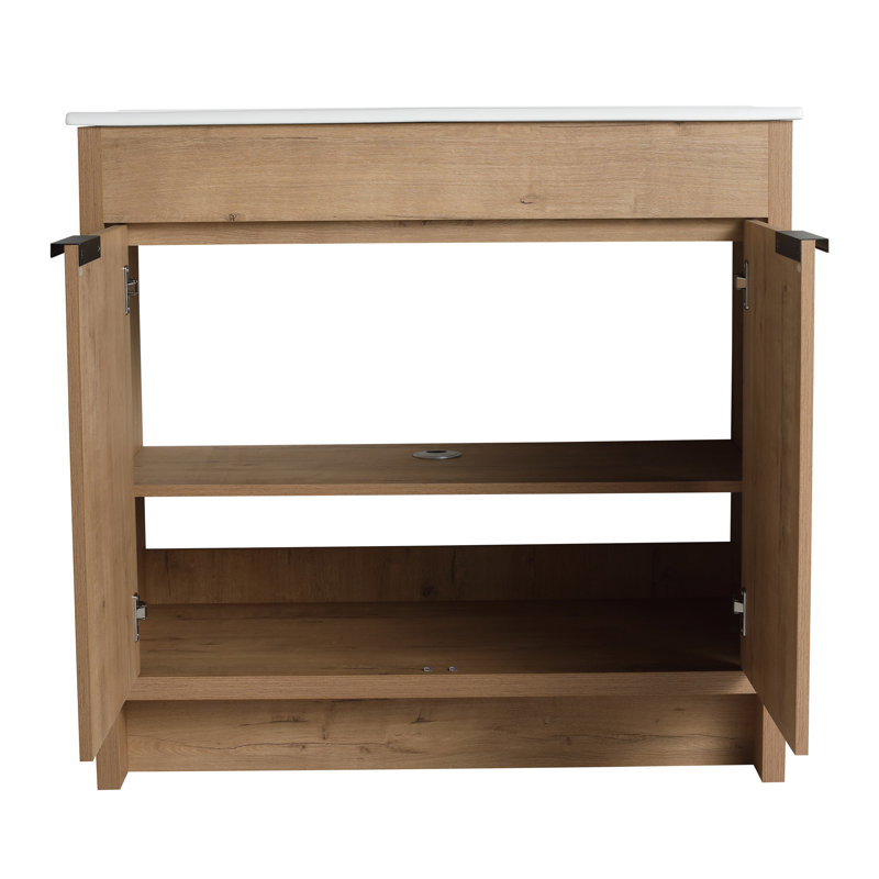 Kinslie 35.93'' Single Bathroom Vanity with Ceramic Top,2 Soft Close Doors and 1 Adjustable Shelf, Brown