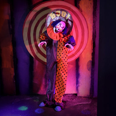 Haunted Hill Farm 5.3 ft Standing Animated Clown Halloween Animatronic with Moving Head and Red LED Eyes