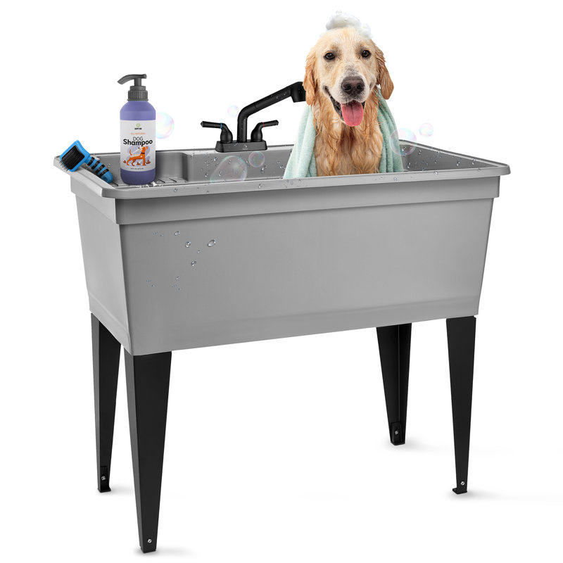 37-Gallon Freestanding Laundry Tub Utility Sink with Black Pull-Out Faucet, Gray