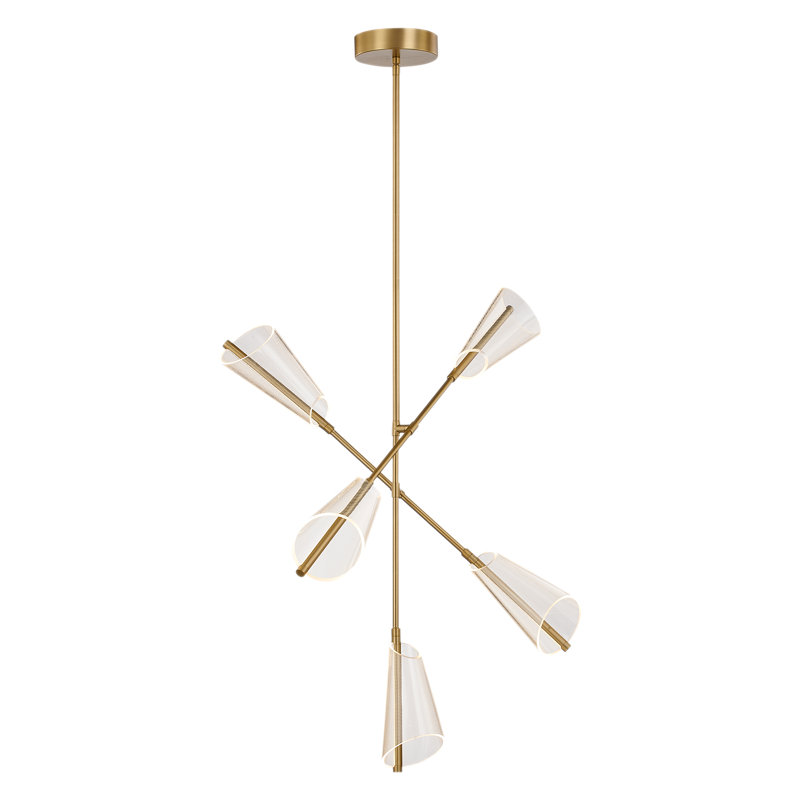 Lustre linéaire moderne et unique à 5 lumières Mulberry, Or brossé / guide de lumière