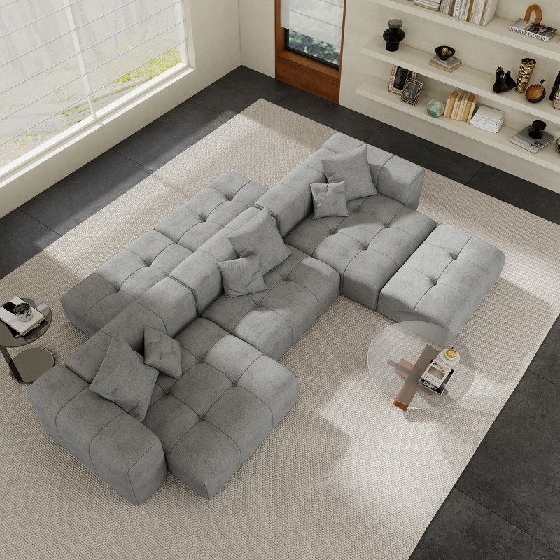Kay Crumley 6-Piece Upholstered Boneless Modern Linen Fabric Sectional Sofa With Ottoman, Gray