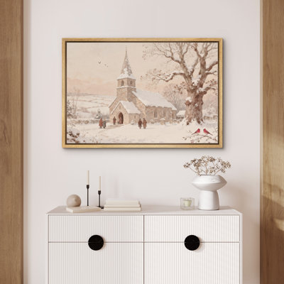 «Vintage Snowy Church Scene with Birds and Chiffres», reproduction d'art sur toile