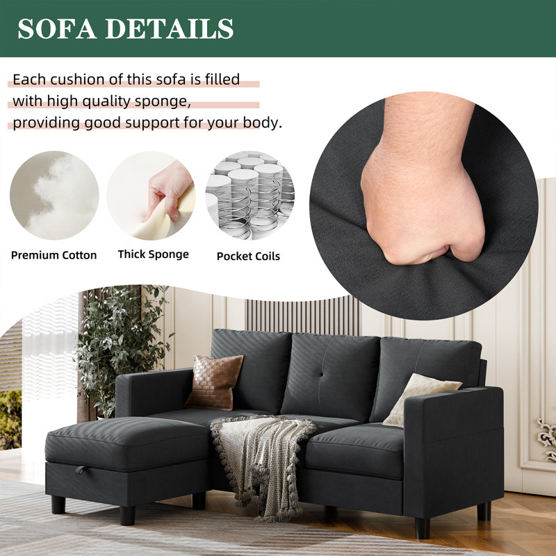 Serio Convertible Sectional Sofa Couch, L Shaped 3 Seater Sofa Couch with Storage Ottoman and Side Pockets, Black Fabric