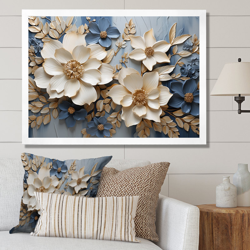 Composition de fleurs saisonnières beige et bleu - Fleurs saisonnières, H 24 po x l 32 po x P 1 po, Cadre simple blanc
