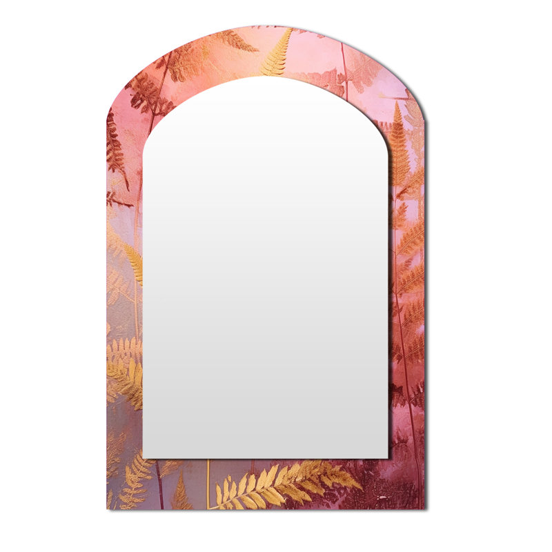 Gold Pink Fern Fonds - Floral Asymmetrical Decorative Mirror, Modern Arch Large Wall Mirror, Printed Metal Art, 43" x 33"