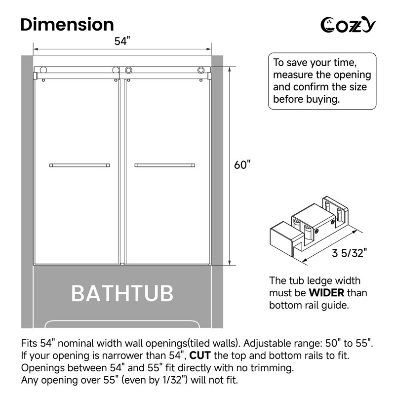 50-55" W X 60" H Frameless Double Sliding Tub Door with 3/8" (10mm) Clear Tempered Glass, Shatter-Resistant Film & Installation Hole Locator